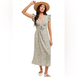 HEM & THREAD NWT Daisy Floral V-neck  Flutter Sleeve Boho Midi Dress Size L